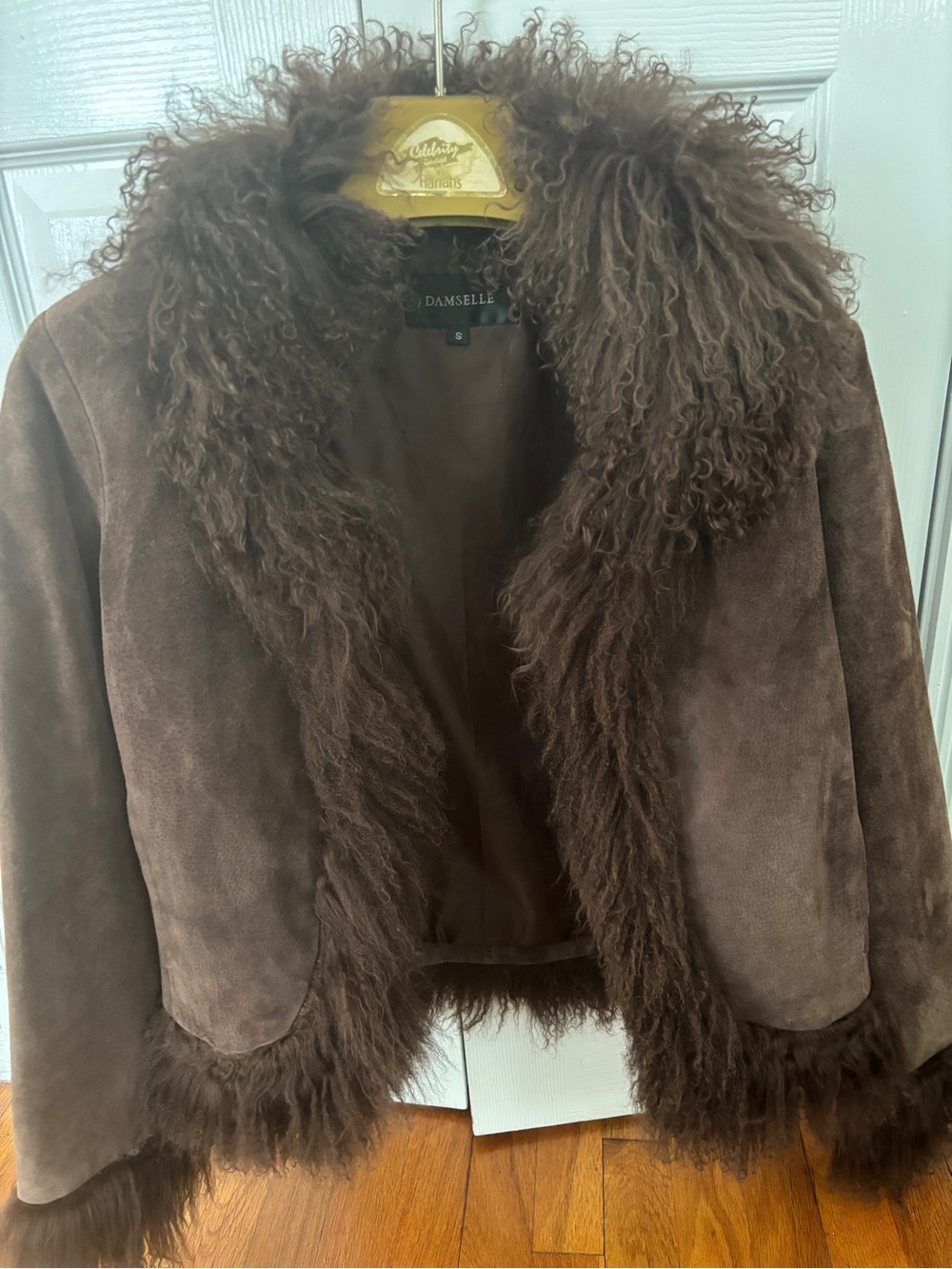 Brown fur suede jacket .